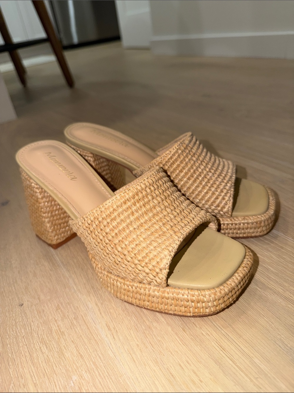 Woven Slide Block Heel Sandals in Natural